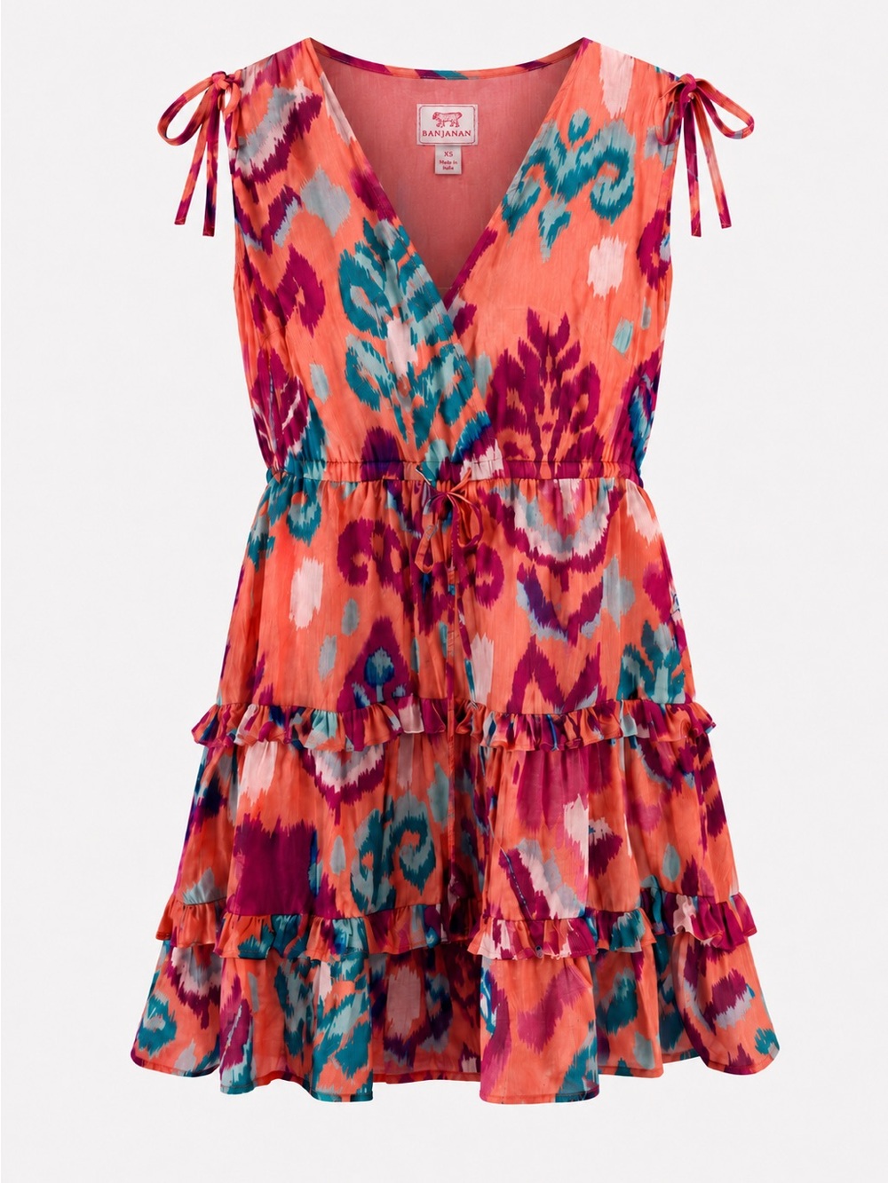 Banjanan Becca Ikat Print Tiered Mini Dress Pink Orange XS
